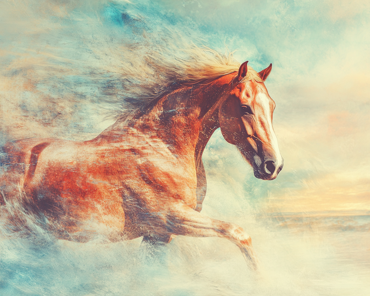 A brown horse moving on beach with wind blowing.