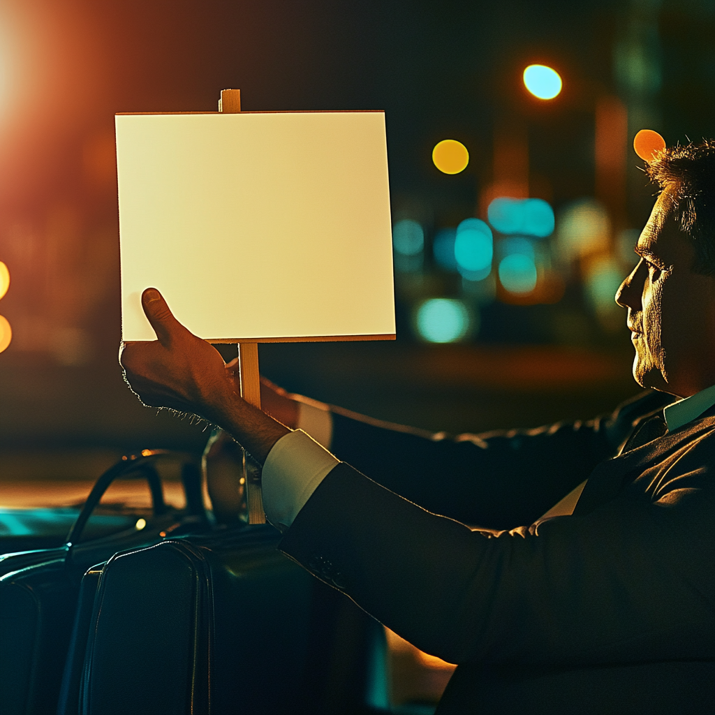 A businessman holds protest sign in taxi.