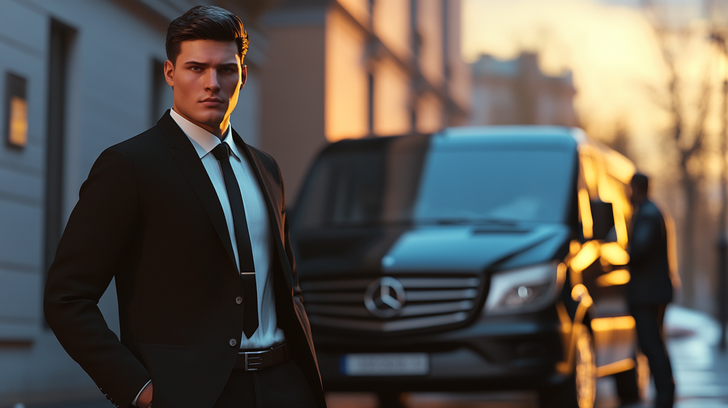 A businessman in black suit waiting by black Mercedes