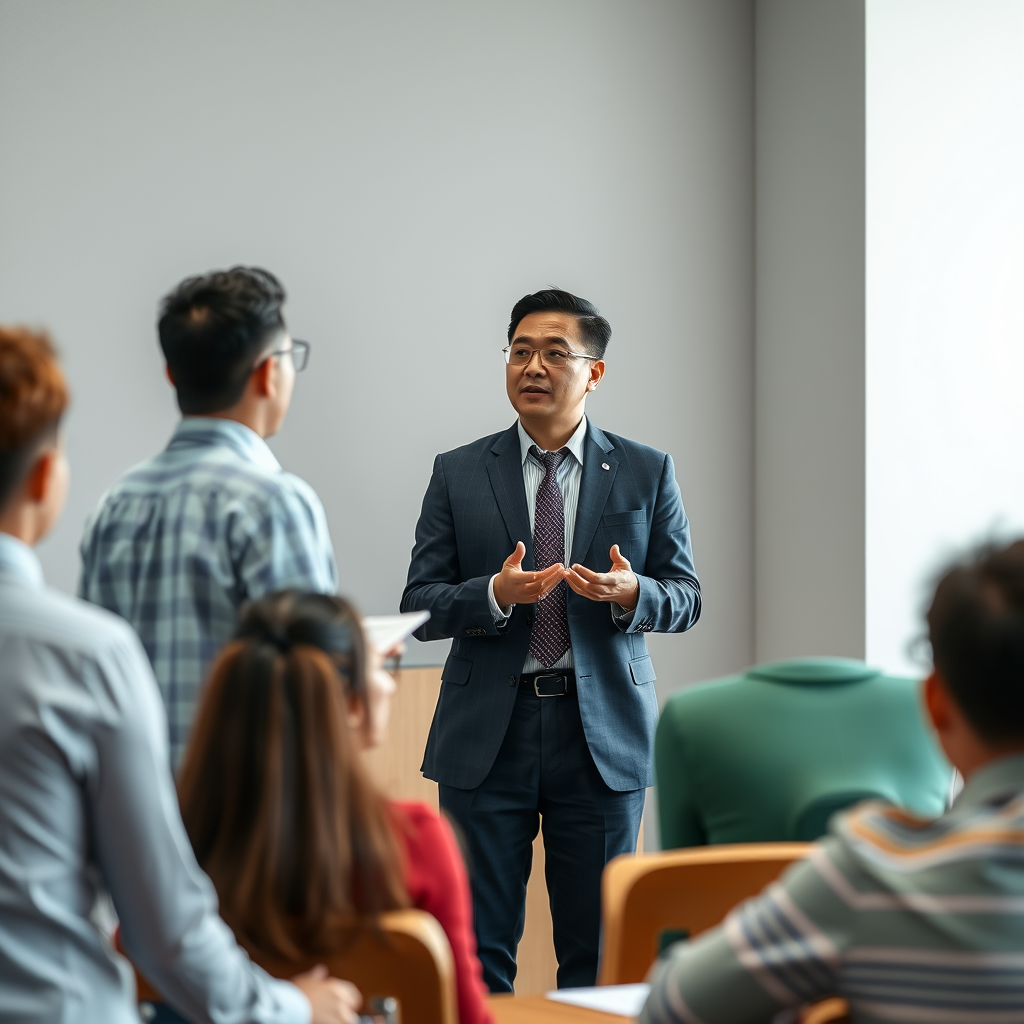 A businessman teaching students in university seminar.