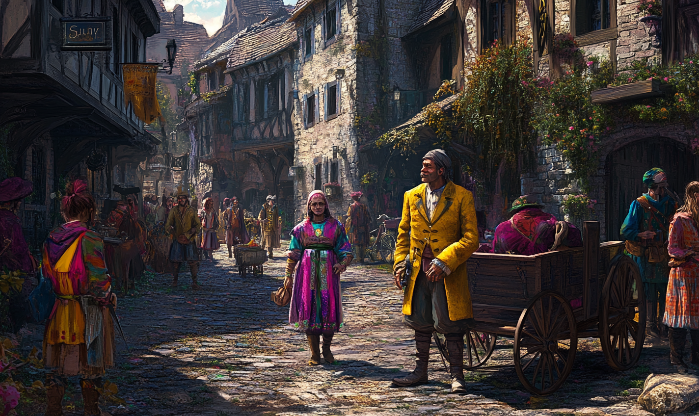 A busy medieval city with unique characters.