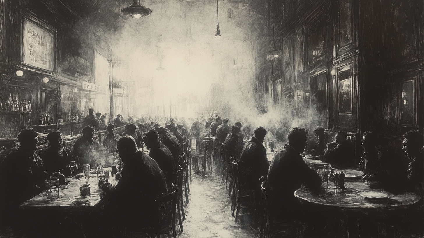 A busy saloon in Winter 1905 Italy