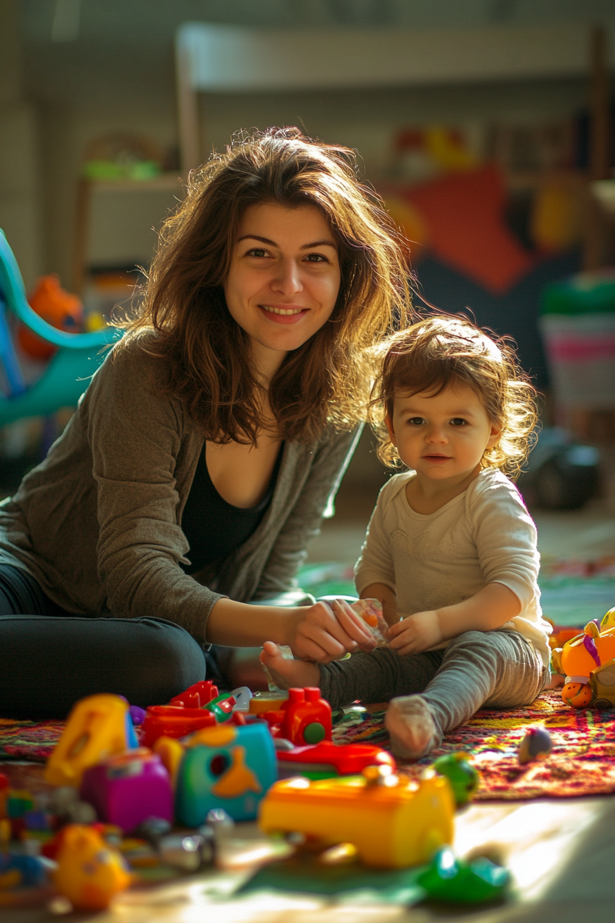 A caring mother playing with child, toys around