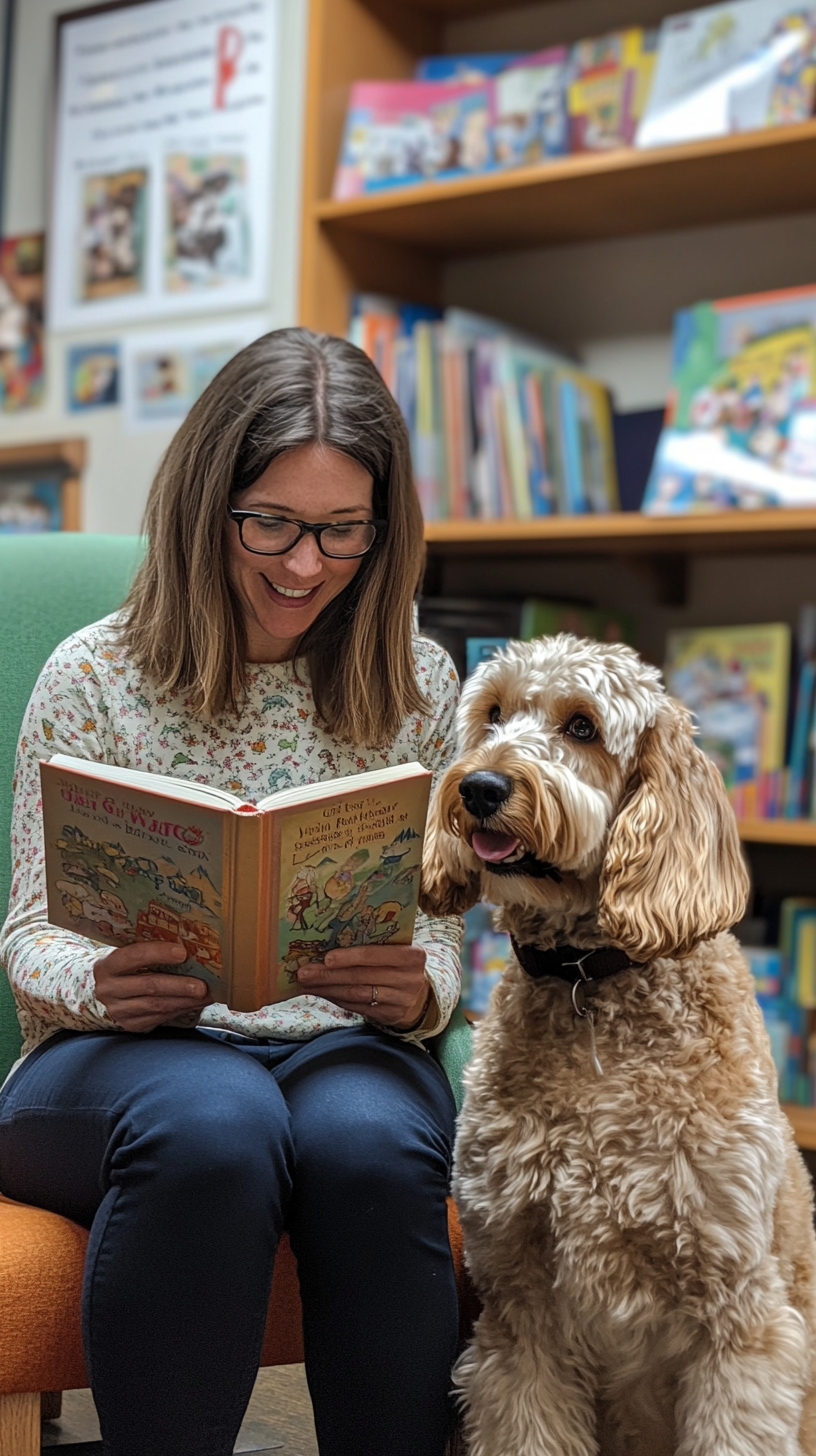 A caring woman reads children's book in class