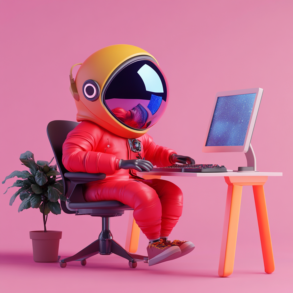 A cartoon astronaut working at a design company