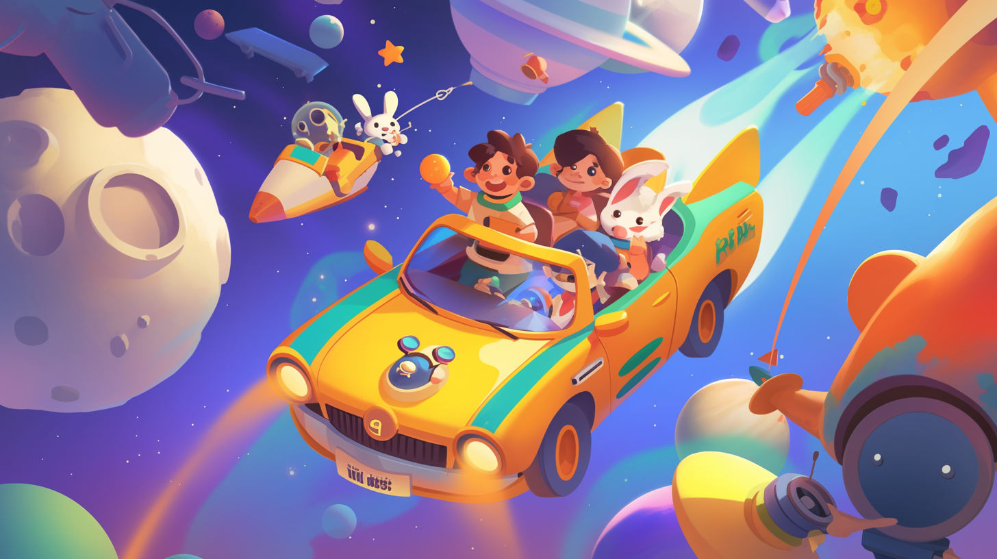 A cartoon car with characters travels through space