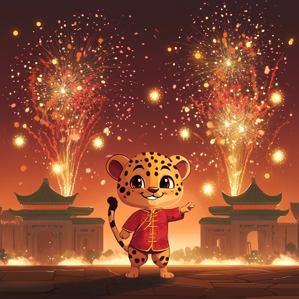 A cartoon cheetah playing fireworks on Chinese New Year