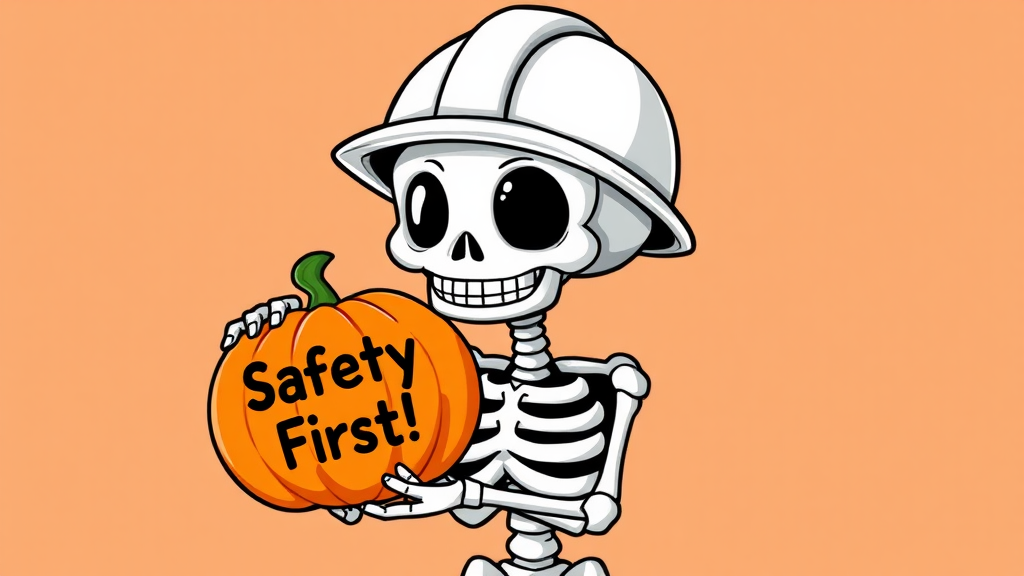 A cartoon skeleton promotes safety with pumpkin.