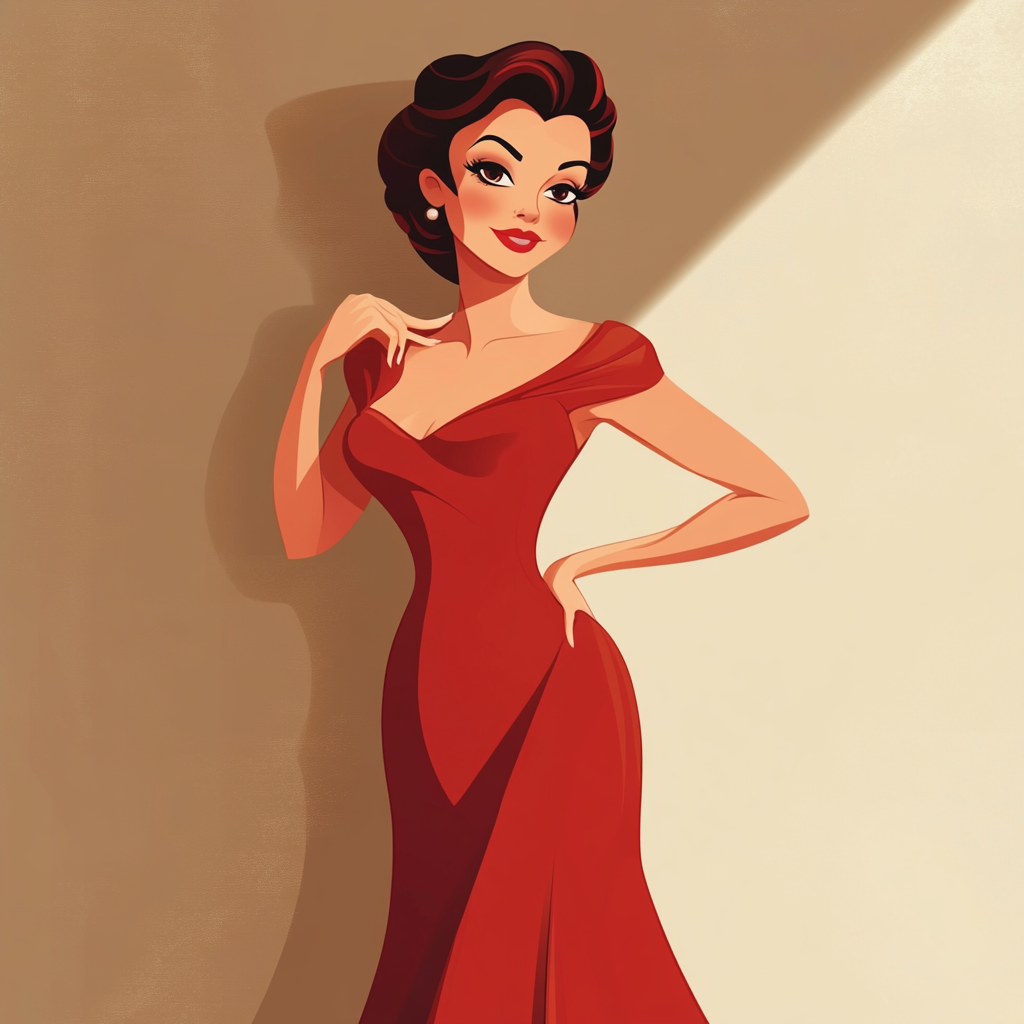 A cartoon woman in red dress