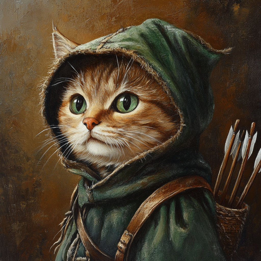 A cat dressed like Robin Hood with oil style.