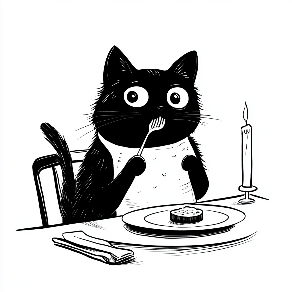 A cat enjoying noodles at fancy restaurant