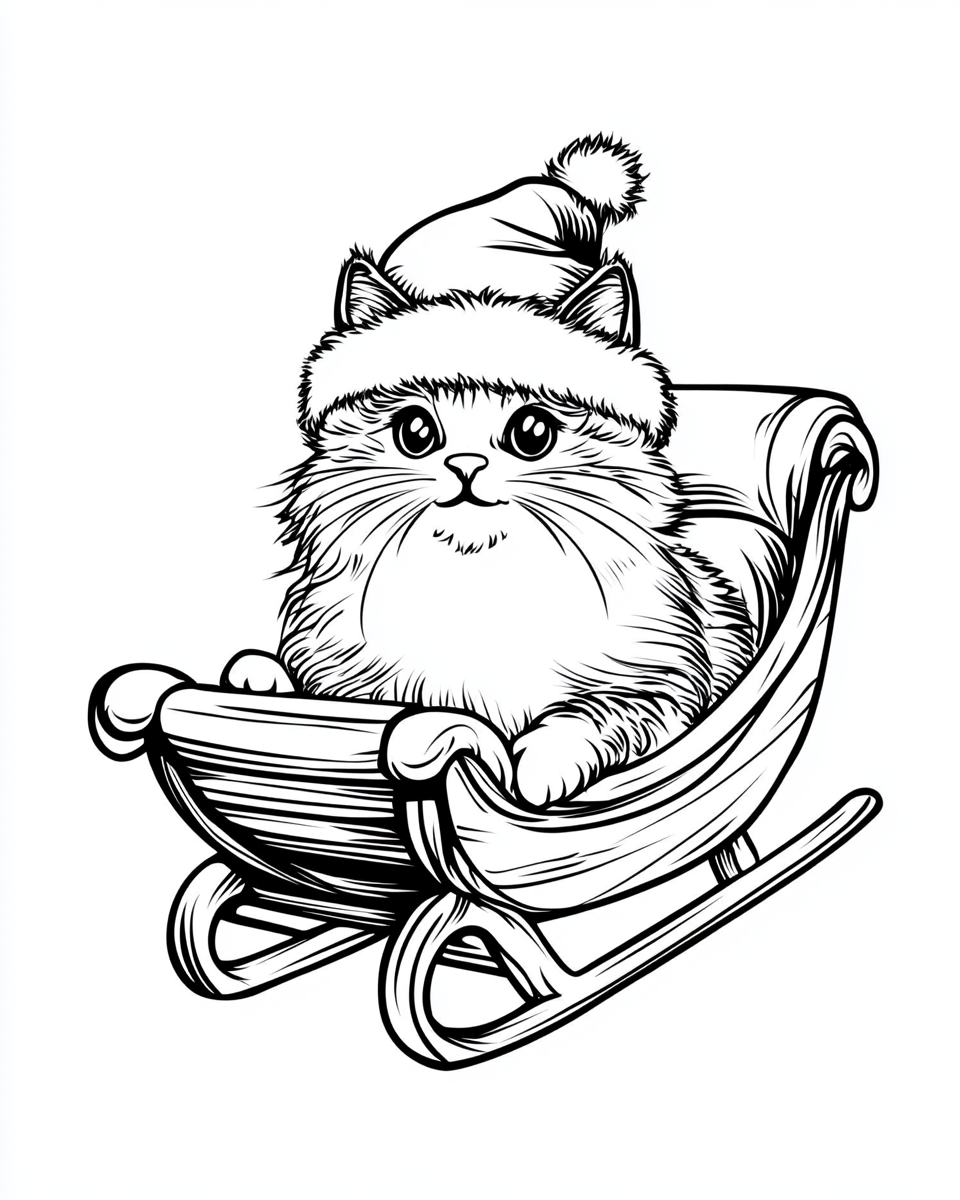 A cat in Santa's sleigh Coloring Page