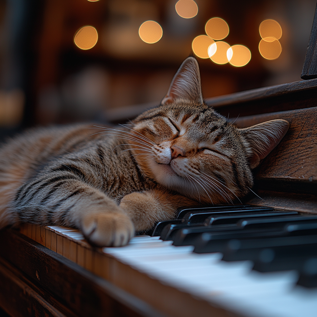 A cat lying on a piano, full shot.