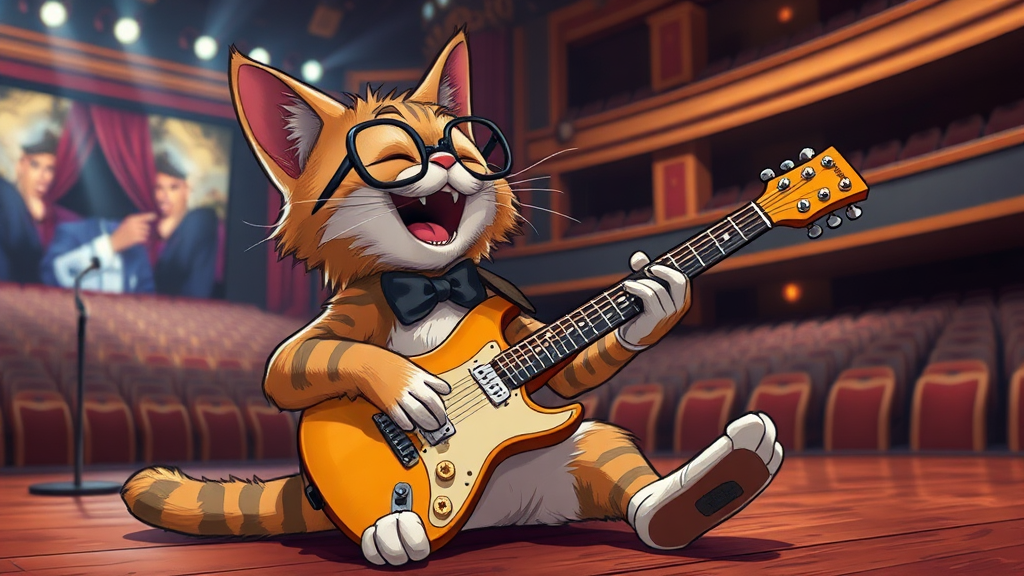 A cat musician with glasses laughs onstage.