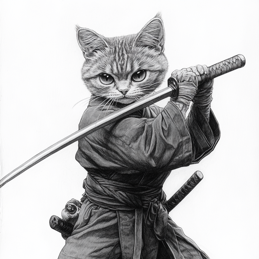 A cat warrior in traditional Japanese attire