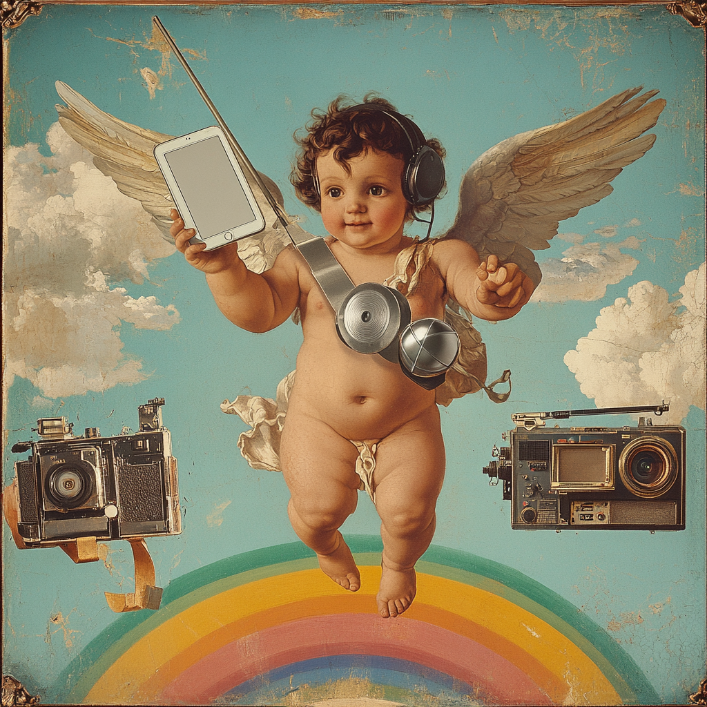 A cherub with an iPad, hovering above rainbow.