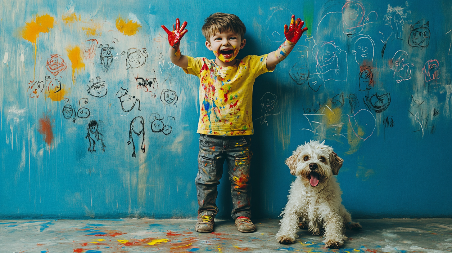 A child and a dog covered in paint