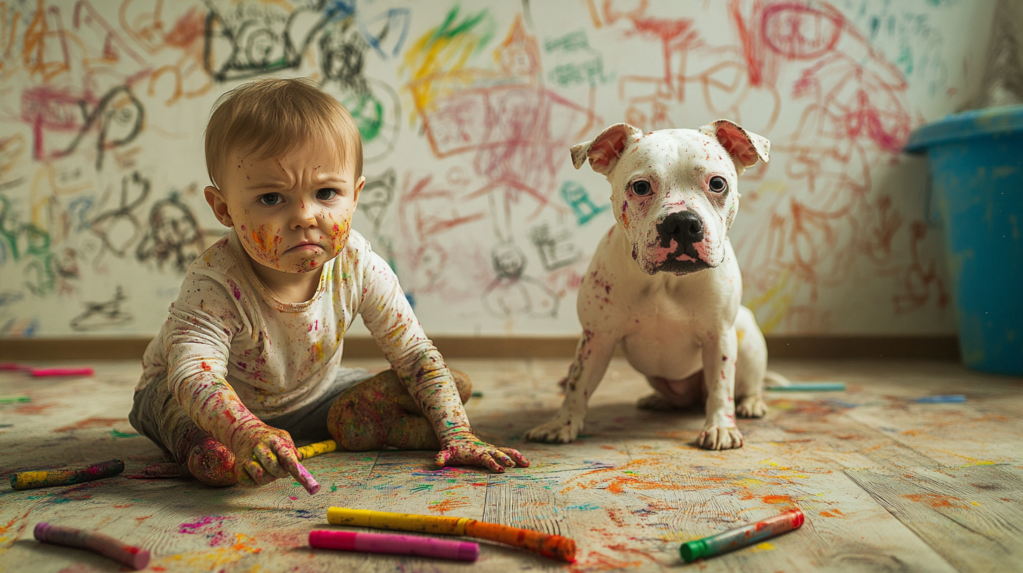 A child and dog in trouble over drawn walls