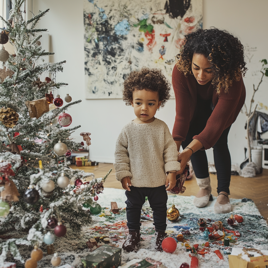 A child and their mother by Christmas tree