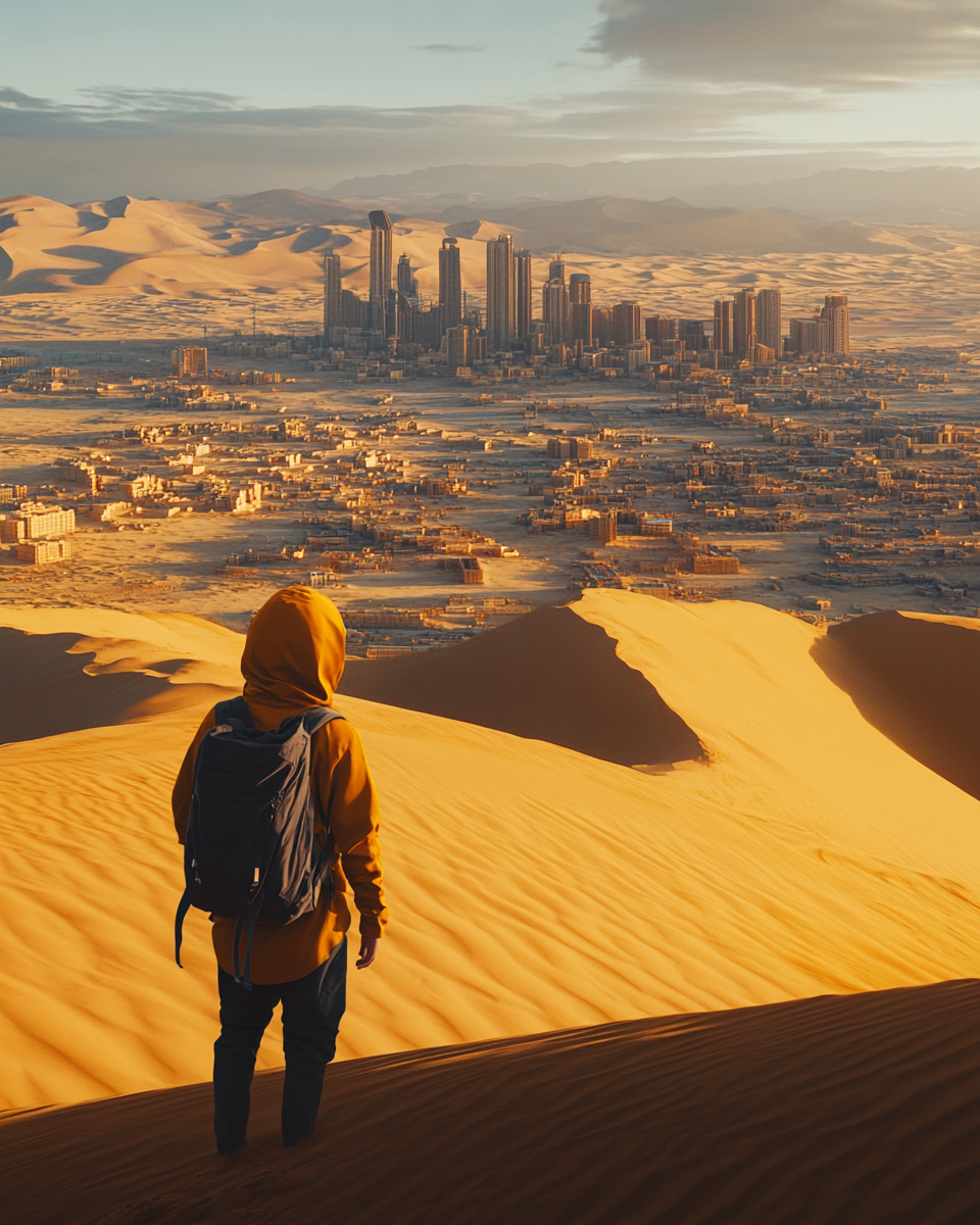 A child in a desert city, yellow earth vibes.