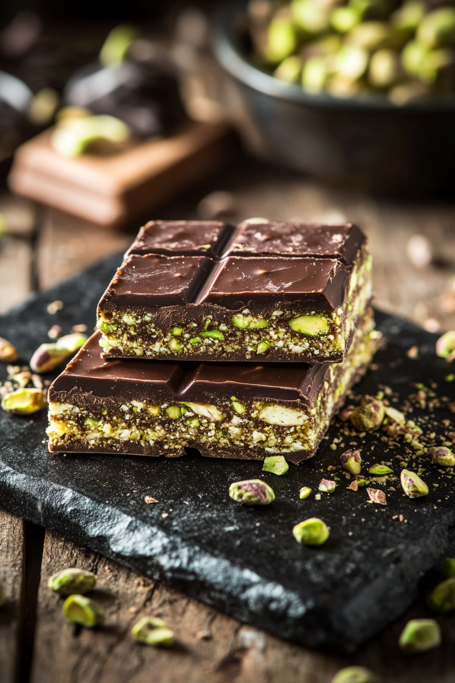 A chocolate bar with pistachio knafeh filling.