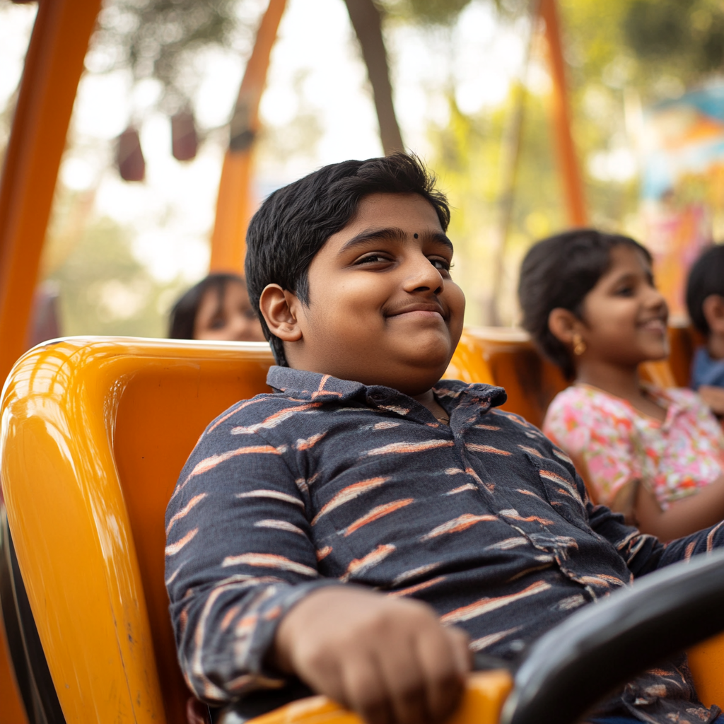 A chubby Indian boy on roller coaster ride