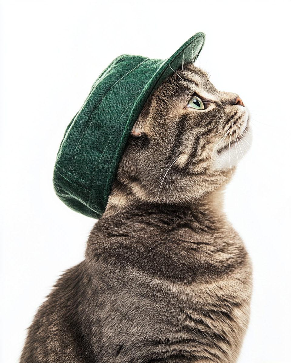 A chubby cat in a green hat smiling