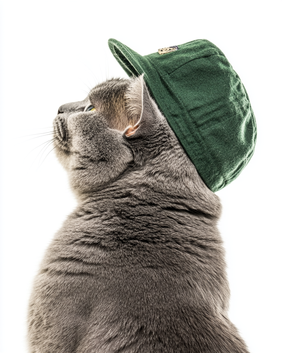 A chubby cat in a hat, happily looking.