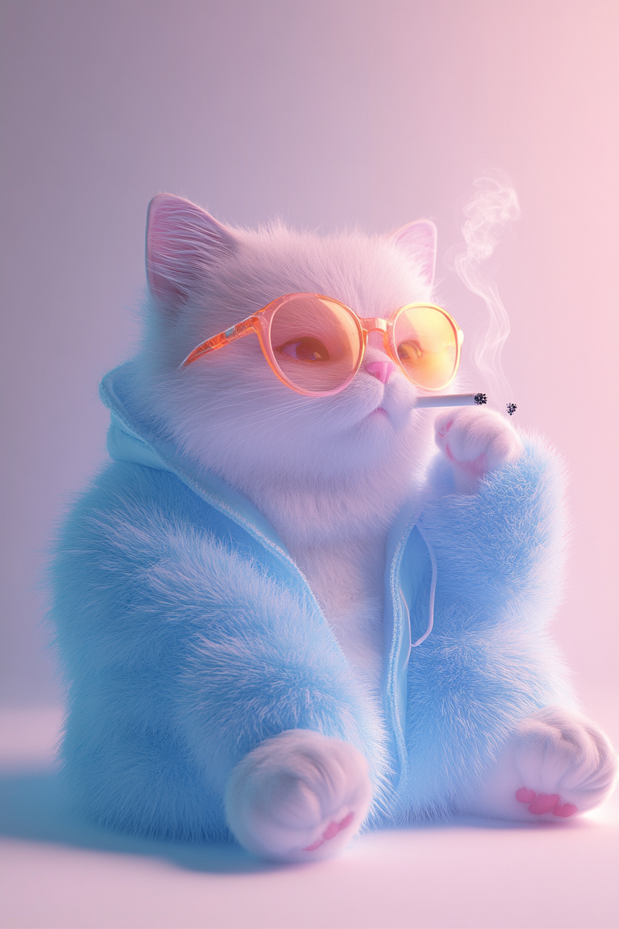 A chubby cat in pastel outfit smokes cigarette.