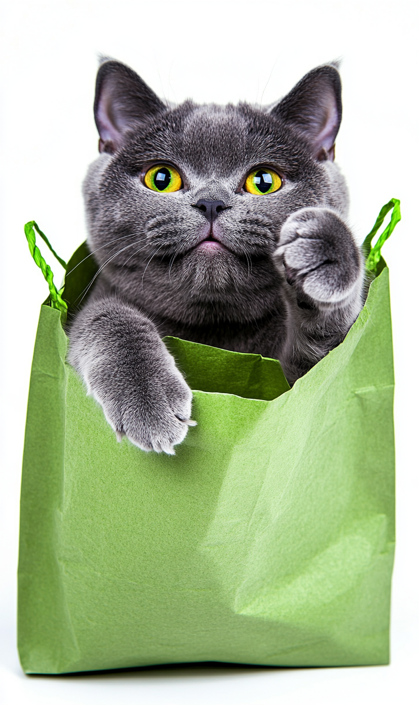 A chubby cat peeks out of green bag.