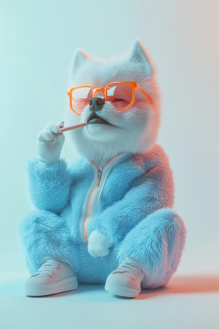 A chubby dog in colorful outfit smoking cigarette.