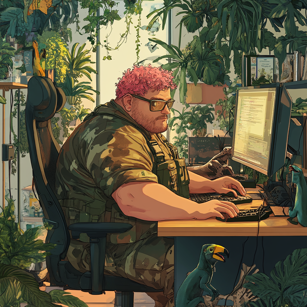 A chubby man with pink hair works in jungle-themed office.