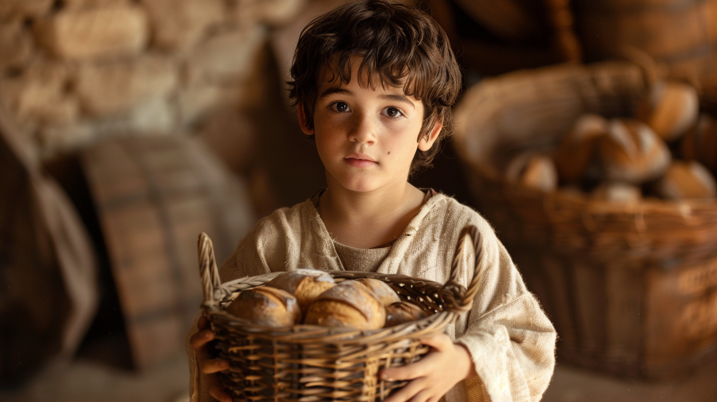 A cinematic photo of boy bringing lunch to Jesus.