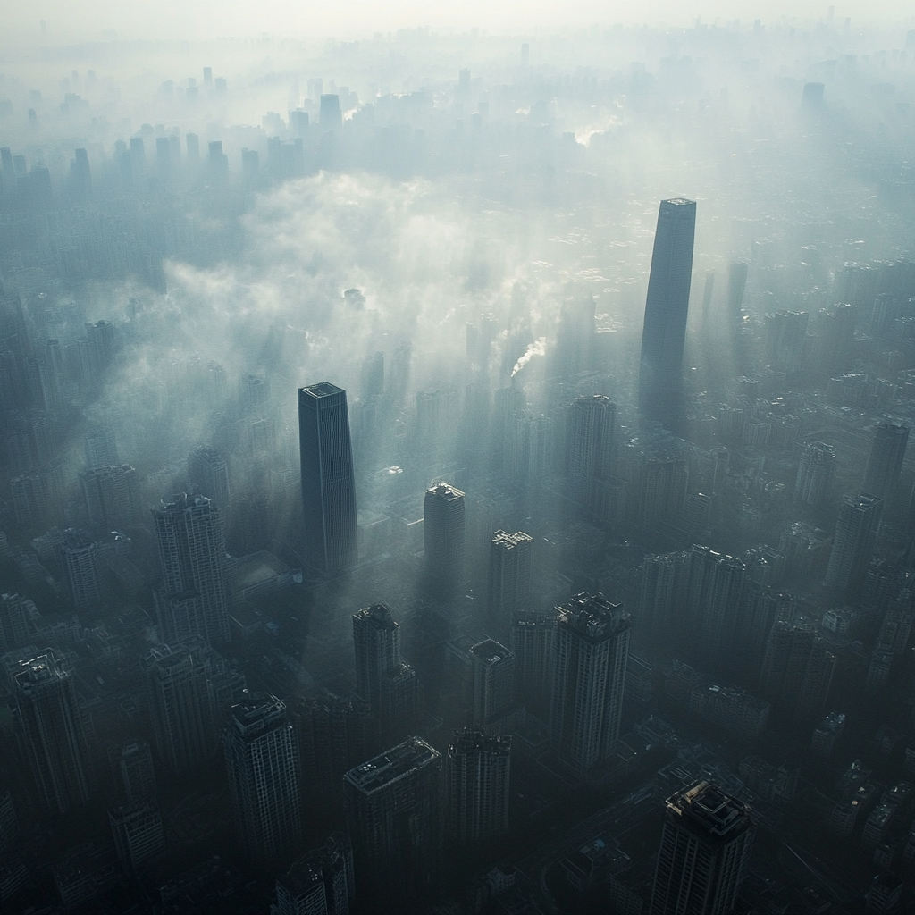 A city with skyscrapers covered in smog and haze.