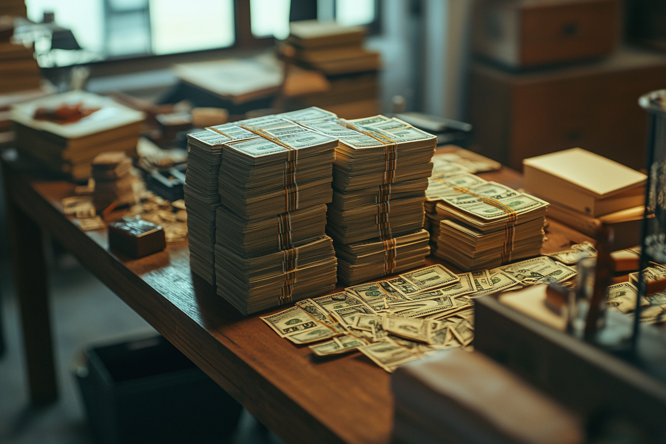 A clean table with neatly stacked money piles