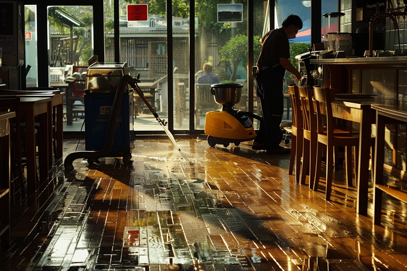 A cleaner using a wet vacuum in cafe