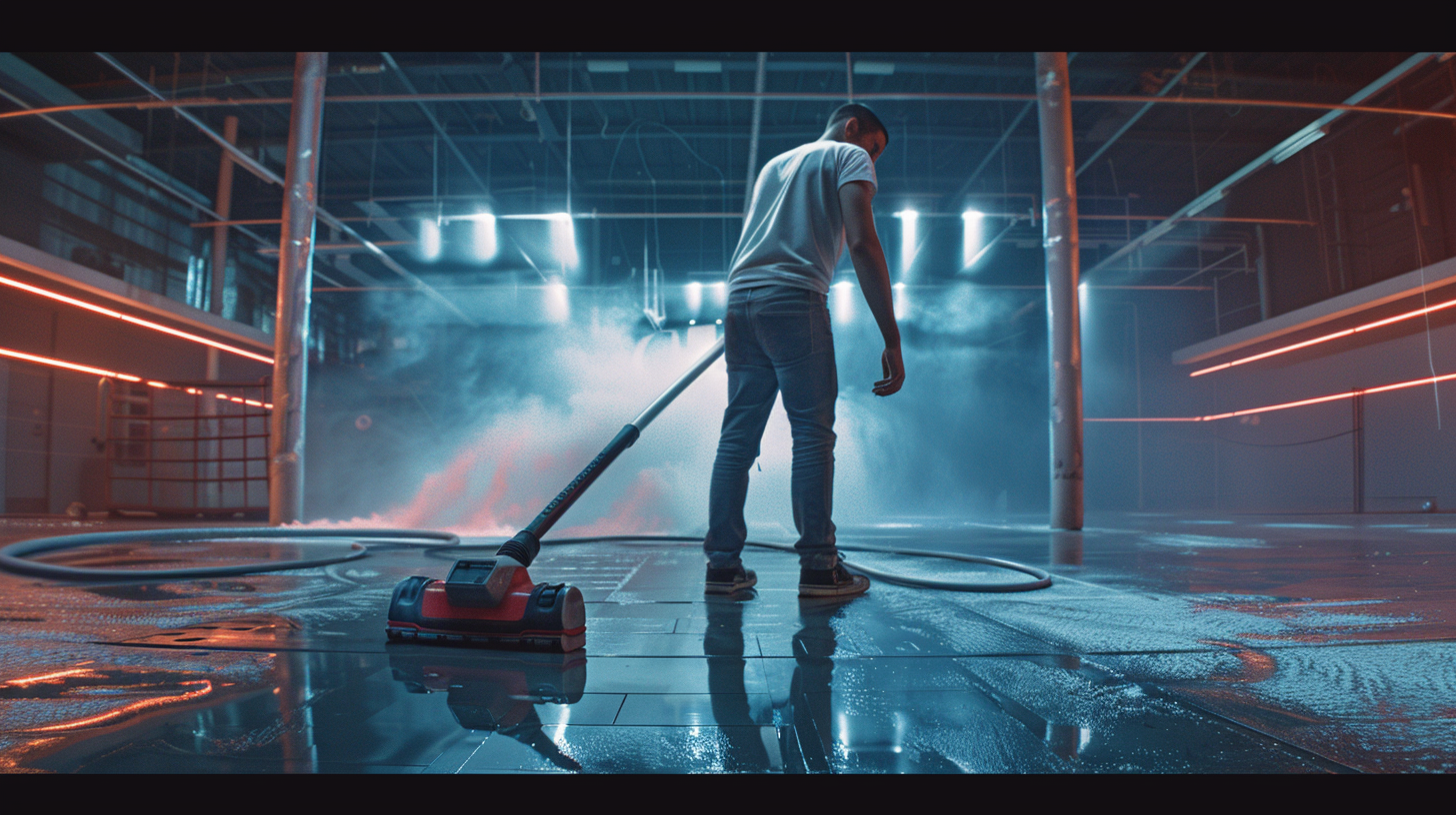 A cleaner vacuuming while superheroes battle with lasers.