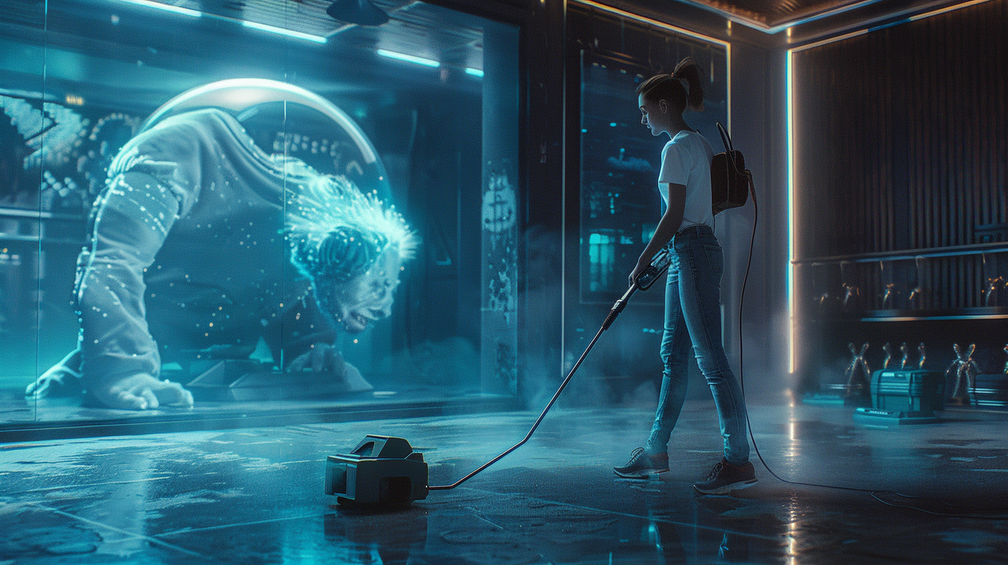 A cleaner vacuums in hero room with holograms creatures.