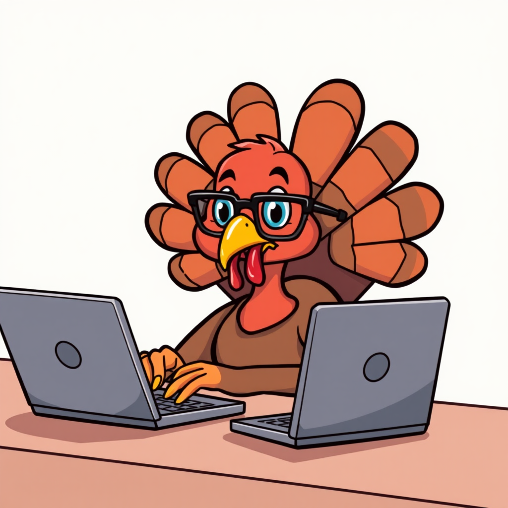 A clever turkey giving tips on laptops.