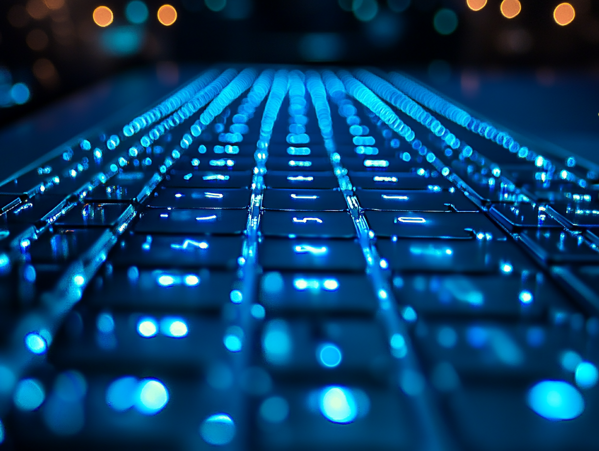 A close-up blue glowing keyboard on laptop.