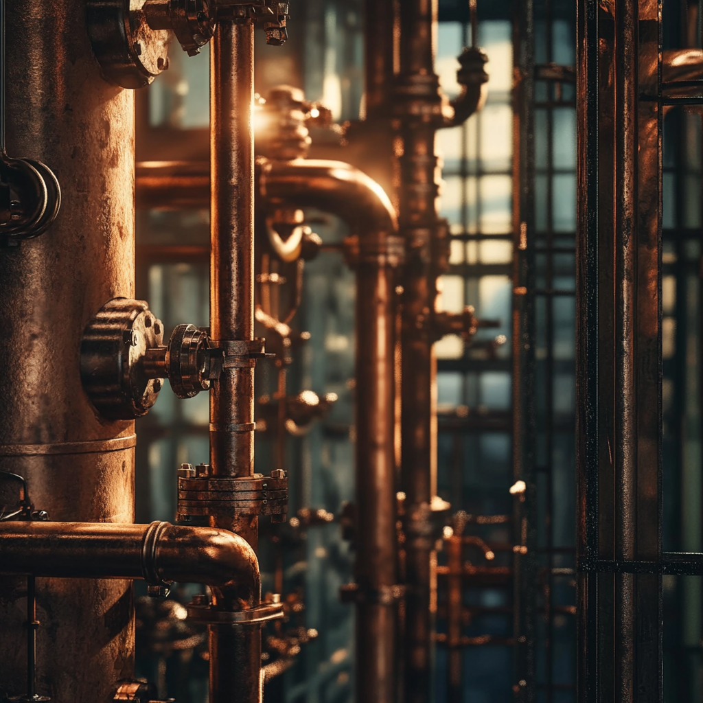 A close-up of copper machinery with sunlight.