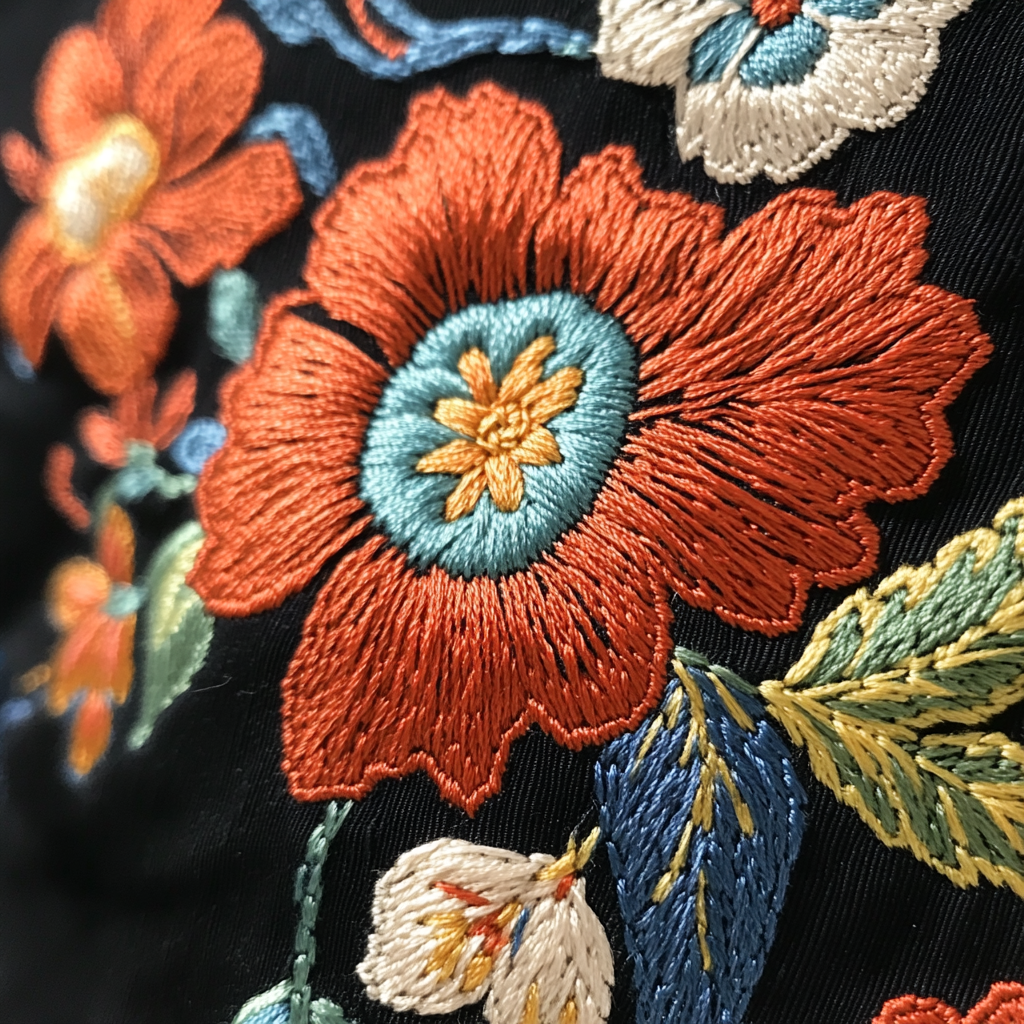 A close-up of traditional machine embroidery back