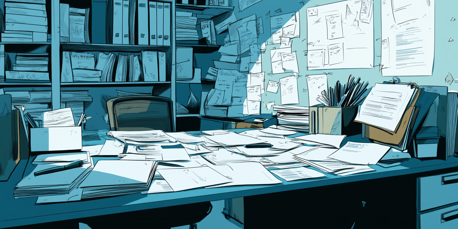 Cluttered desk in turquoise and blue tones in 2D Comic Book Style