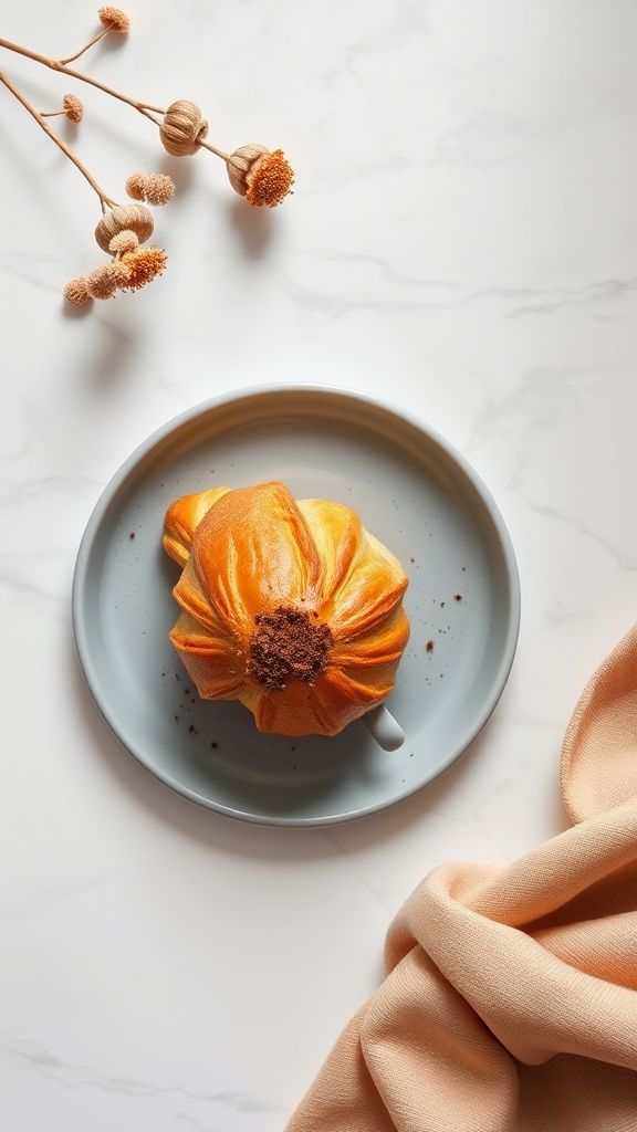 A coffee and croissant on a white table.