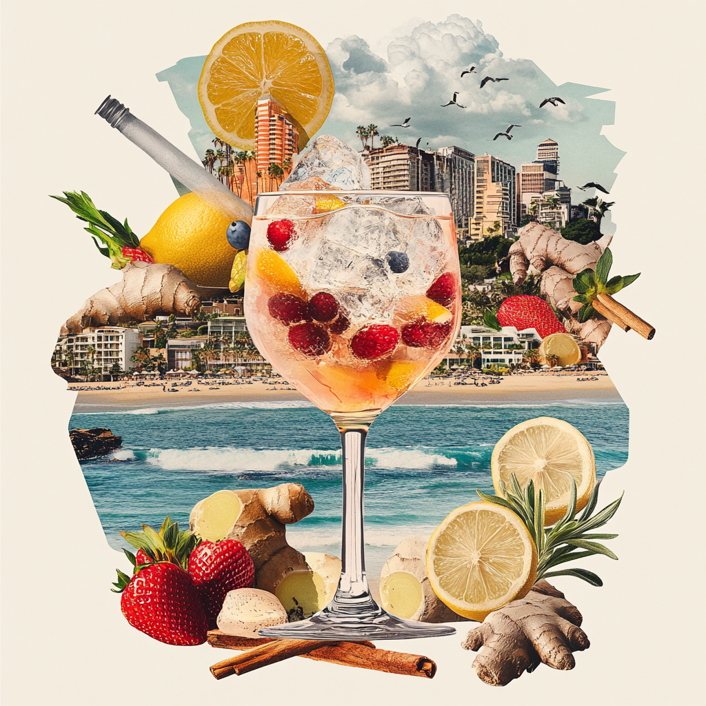 A collage of gin cocktail with various ingredients.