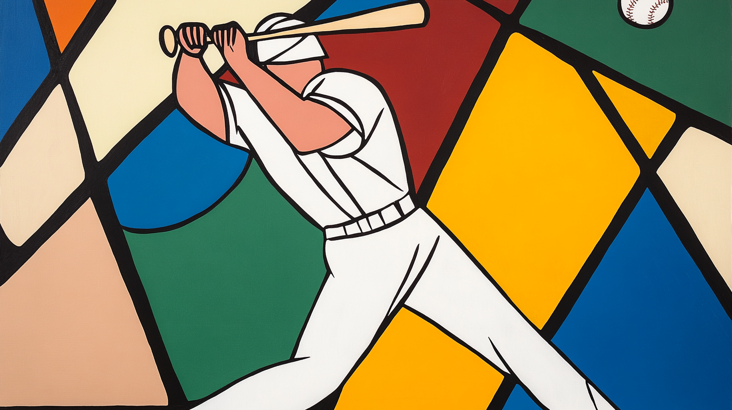 A colorful, bold Picasso-style baseball player batting