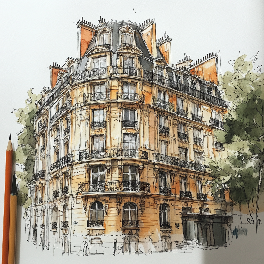 A colorful, detailed sketch of a building in Paris.