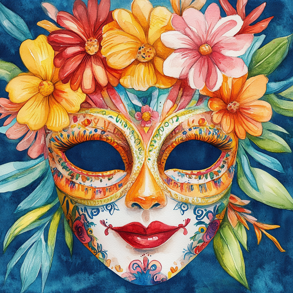 A colorful Carnaval mask with joyful, festive patterns.