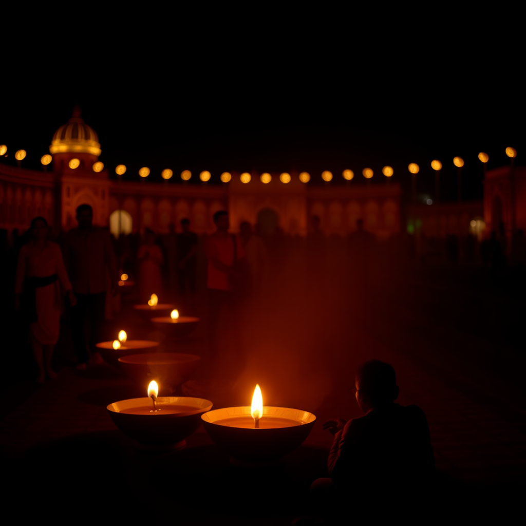 A colorful Diwali celebration with lights.