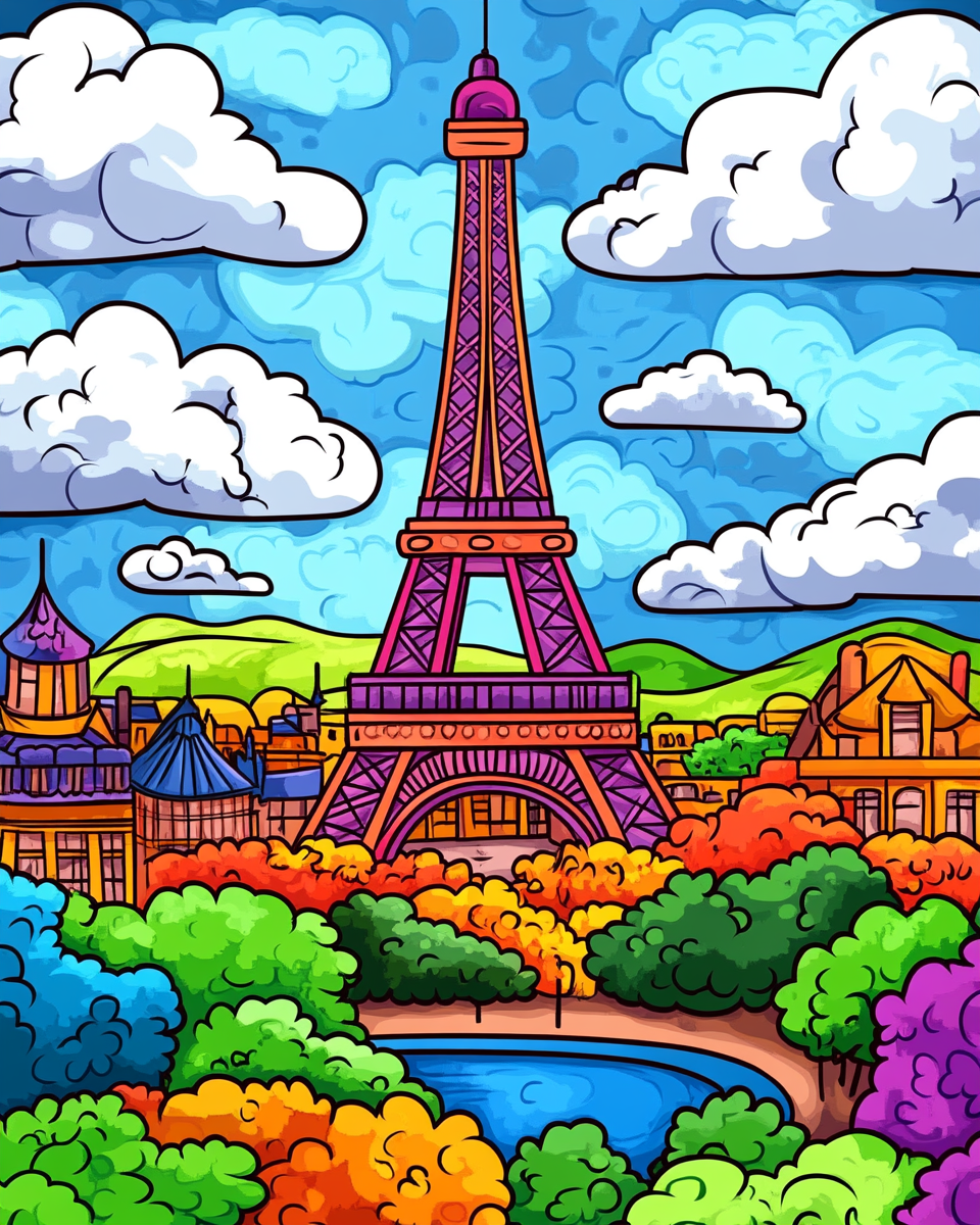 A colorful cartoon Eiffel Tower in Paris scene